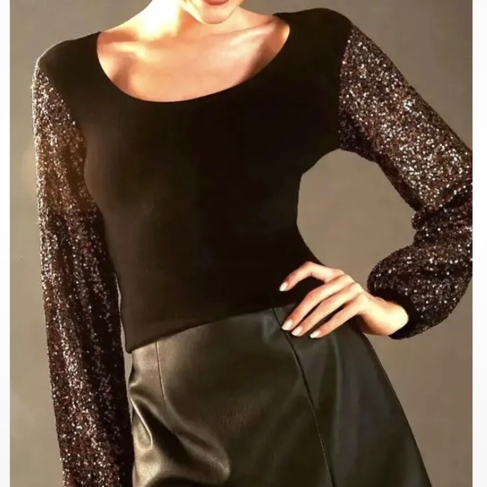 ANTHROPOLOGIE Bl^nk Gold Sequin Sleeve Black Sweater XSmall